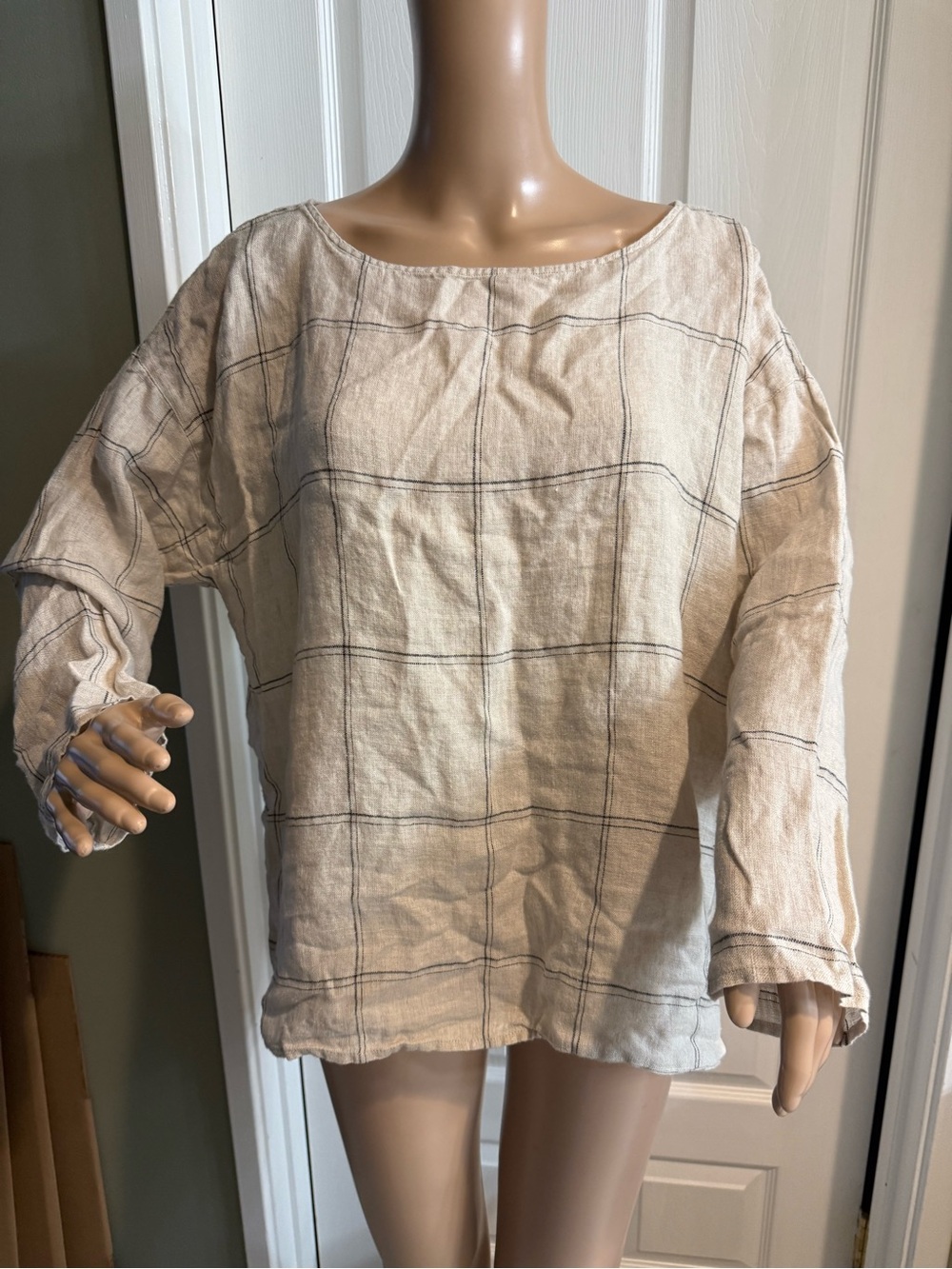 Eileen Fisher Womens Rustic Organic Linen Windowpane Bateau Neck Box Top Size L - Picture 2 of 12